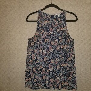 Ava Christine Women's Top L Navy Paisley Floral Sleeveless Blouse Pleated Neck